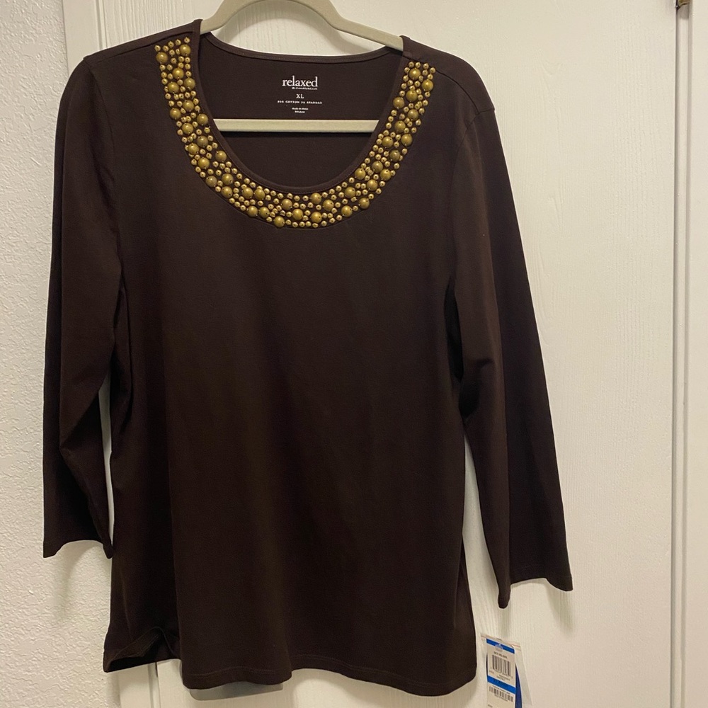Elegant Brown Beaded Long Sleeve Top